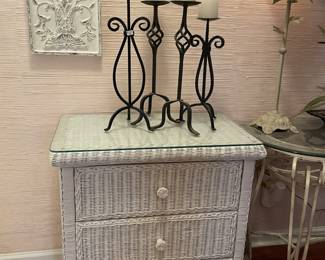 #39	White Wicker w/ 3 drawer cabinet w glass protector top - 29x18x30	 $ 50.00 																												