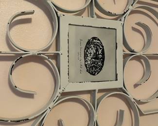#21	White metal distressed rectangular decorative wall are with 3, 3x3 picture frame. 30.5x16	 $ 18.00 																												
