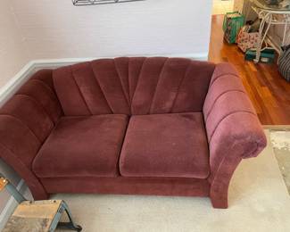 #48	Mid Century Structured Maroon Solid Back Love Seat - 64" long	 $ 50.00 																												