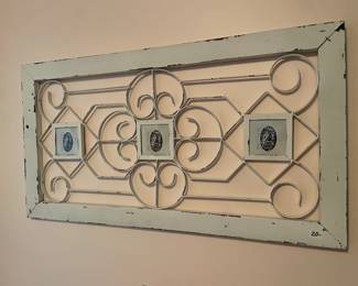 #21	White metal distressed rectangular decorative wall are with 3, 3x3 picture frame. 30.5x16	 $ 18.00 																												