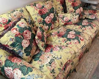 #64	Yellow and Rose Floral Sofa w/ loose back cushions. 84" long ( YOU MOVE.)	 $ 30.00 																												