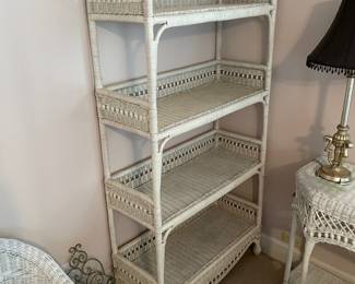 #56	White wicker 4 shelf display cabinet 34x14x72"	 $ 65.00 																												
