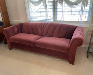 #49	Mid Century Structured Maroon Solid Back Sleeper Sofa w/2 ottomans. 90"long	 $ 20.00 																												
