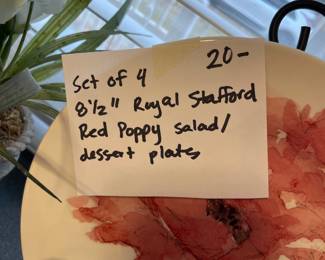 #76	Set of 4 - 8.5" Royal Stafford Red Poppy Salad/dessert plates.	 $ 20.00 																												