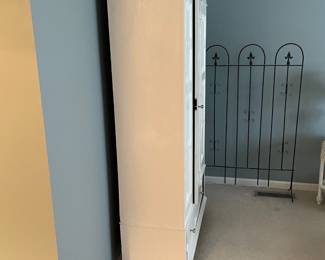 #14	Wood White painted armoire w/top hangers, 10 inside shelves, 1 door w/beveled mirror and 1 door. 46x16.5x76 (YOU MOVE UPSTAIRS) as is drawer	 $ 75.00 																												