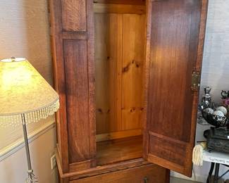 #9	Antique Wood Armoire w beveled mirror door and 1 drawer. (loose hinges as is) 36x16x78	 $ 125.00 																												