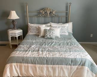 #6	Iron Double Eagle Motif and Fruit Basket Scroll headboard - Queen bed w/mattress and box spring	 $ 100.00 																												