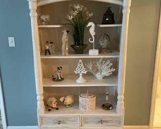 #12	Heavy White Painted Distressed 4 shelf Wood display cabinet. 4 drawers 35x18x71 (YOU MOVE UPSTAIRS, heavy.)	 $ 175.00 																												