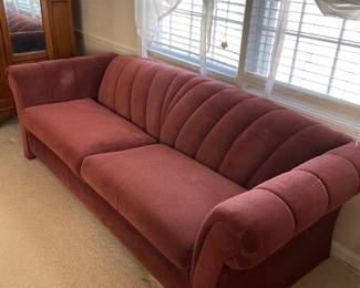 #49	Mid Century Structured Maroon Solid Back Sleeper Sofa w/2 ottomans. 90"long	 $ 20.00 																												