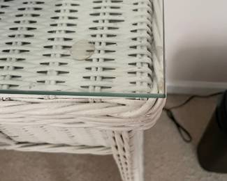 #23	White Wicker Desk w/1 drawer, stool and glass protect top. 30x18x30	 $ 45.00 																												