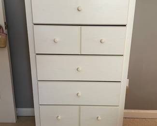 #37	Wood-look white chest of 5 drawers. As is. 28x15.5x46	 $ 50.00 																												