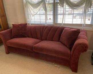 #49	Mid Century Structured Maroon Solid Back Sleeper Sofa w/2 ottomans. 90"long	 $ 20.00 																																																					