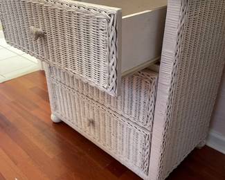 #39	White Wicker w/ 3 drawer cabinet w glass protector top - 29x18x30	 $ 50.00 																												