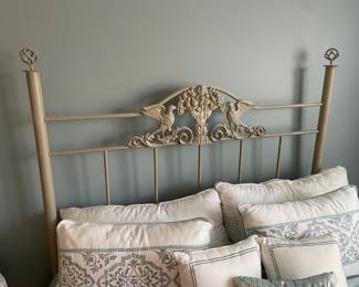 #6	Iron Double Eagle Motif and Fruit Basket Scroll headboard - Queen bed w/mattress and box spring	 $ 100.00 																												