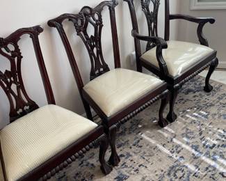 #5	Wood Dining Room ball and claw chairs - 2 captains chairs, 4 armless chairs. Cream striped upholstery. Made in indonesia	 $ 150.00 																												