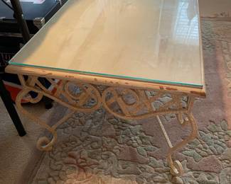 #63	Wood Top Metal Scroll Base Coffee Table w/glass protect- 42.5x20.5x16.5	 $ 50.00 																												
