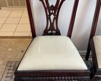 #5	Wood Dining Room ball and claw chairs - 2 captains chairs, 4 armless chairs. Cream striped upholstery. Made in indonesia	 $ 150.00 																												