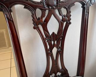 #5	Wood Dining Room ball and claw chairs - 2 captains chairs, 4 armless chairs. Cream striped upholstery. Made in indonesia	 $ 150.00 																												