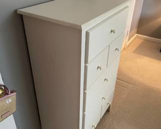 #37	Wood-look white chest of 5 drawers. As is. 28x15.5x46	 $ 50.00 																												