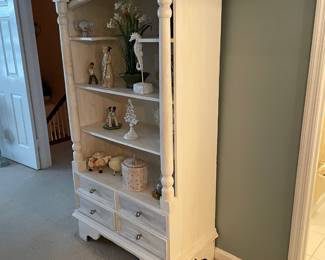 #12	Heavy White Painted Distressed 4 shelf Wood display cabinet. 4 drawers 35x18x71 (YOU MOVE UPSTAIRS, heavy.)	 $ 175.00 																												