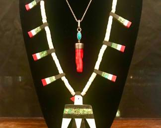 Santo Domingo Thunderbird necklace and turquoise and coral pendant.