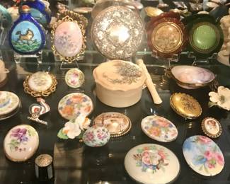 Hand painted porcelain, enameled compacts, glass snuff bottles and more.