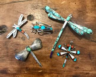 Native American Zuni and Navajo sterling turquoise and coral bugs.