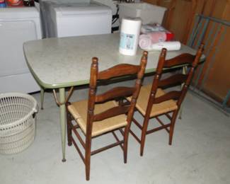 Vintage Kitchen table, two rush seat chairs