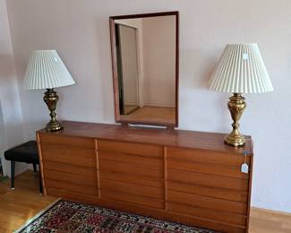 Pair brass lamps, Danish modern dresser with mirror