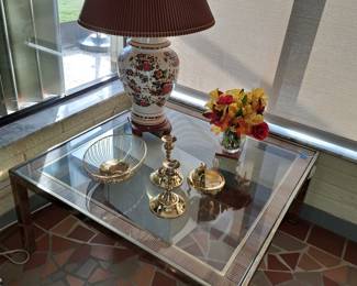 Glass top brass table, Oriental motif lamp, brass accessories