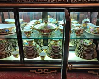 Canton enamelware, Gold field of Thousand Flowers pattern dinnerware for 12 plus 8 serving pieces - quite spectacular -  all hand painted