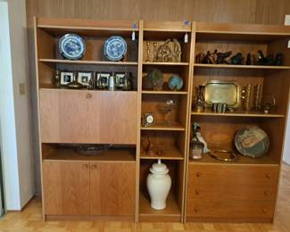 3 piece cabinet, brass collection. carved animals, collections