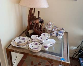 English tea sets, fishing motif lamp, brass side table