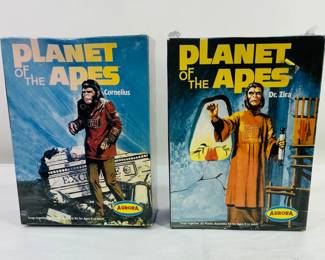 Two (2) new Aurora Planet of the Apes kits: Dr Zira, model 6804 & Cornelius, model 6803. These are snap-together, all plastic assembly kits. 
