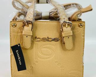 BeBe Zenia Embossed Mini Satchel, almond, shoulder strap & handles.