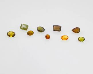 Nine (9) gemstones of various shapes and sizes in autumn tones of green, brown and orange. Most are tourmaline. 5.7 ctw. 