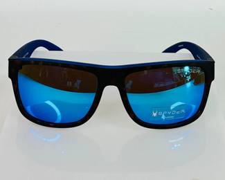 Spyder sunglasses in hardshell case, polarized, brown frame with blue interior.