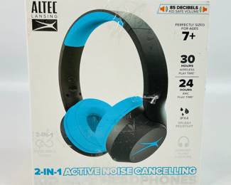 Altec Lansing 2-in-1 active noise-cancelling, kid-safe headphones, (3) hours of wireless play time, splash resistant, and comfort push cushions. See photos for detail. 