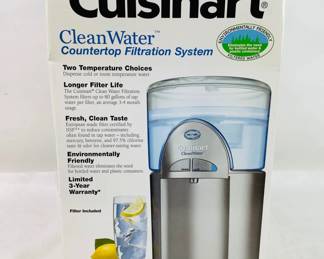 This lot includes a Cuisinart Clean Water countertop filtration system, model WCH-850, which dispenses filtered water in hot, cold, or room-temperature settings and has a 1½-gallon capacity. 