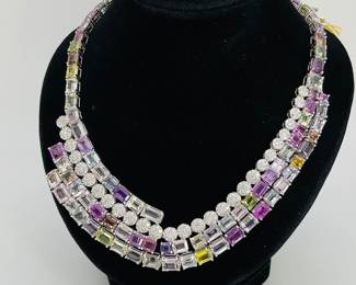 (109) octagonal step cut multi color natural sapphires adorn this platinum necklace. 108.43 ctw of sapphires. Round brilliant cut diamonds accent. 80.9 gtw. Includes appraisal dated August 4, 2025 by GemAssure Gemological Appraisals. Appraisal provided by consigner.