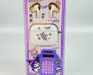 Kuromi K26 TWS kids' earbud set includes wireless earphones and a themed case designed to look like a mini calculator keychain. New in box. See photos for details.
