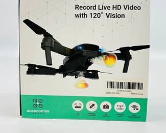 Quadcopter drone, record live HD video with 120 degree vision, features include: 2.4 GHz, HD camera, altitude hold, and more. Item appears new in box. See photos for more details. 
