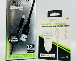 PUGS 3.1A dual USB port car charger and 4" tangle-resistant lightning cable. Also included is a new CT Tek lightning sync & charge cable for iphone, ultra PRO series, 12'long, x-large, x-strong. See photos for detail.