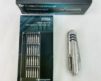 This utility bundle features a New Style interchangeable precise manual tool set (2025A), an MSForce XQ-200 LED flashlight for dependable brightness, and a versatile multi tool designed for everyday utility.