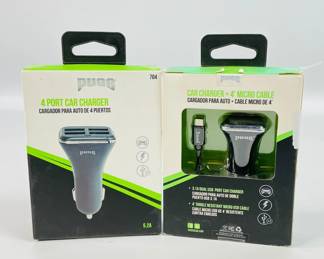 PUGS 4 USB Port car charger, 5.2A total output, and car charger with 4' micro cable. Chargers appear new in box.
