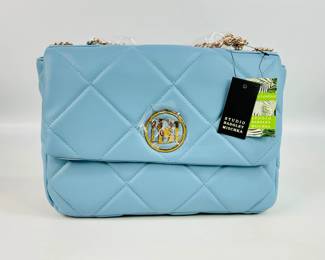 Badgley Mischka quilted bag/purse with letter lock, chain shoulder strap & handle, light blue.