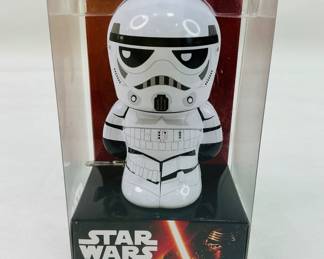 A collectible tin toy from Schylling, the Disney Star Wars Stormtrooper Tin Wind-Up captures the nostalgic style of vintage lithographed robots.