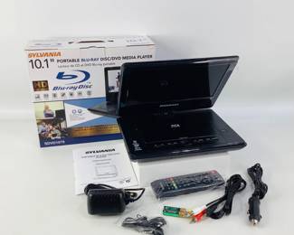 This Sylvania SDVD1079 portable player features a 10.1-inch swivel LCD, full HD 1080p playback, and multiple input options, supporting Blu-ray, DVD, CD, USB, and SD card media for home or on-the-go entertainment.