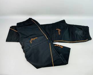 Two (2) new pair of nylon pants, size S & L, 'Out of sight' and 'five' printed on the pant leg, elastic waistband, and zippered at the knee. See photos for details. 