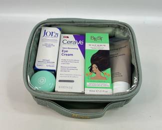 A skincare kit including CeraVe Eye Cream, Jor 21 wrinkle reducer, and a Tatcha water cream. Also included are hair care products, including Living Proof Styling Cream, as well as a Blest Scalp Serum. Items are completed with a zippered clear top case by Higgy. See photos for sampling. 